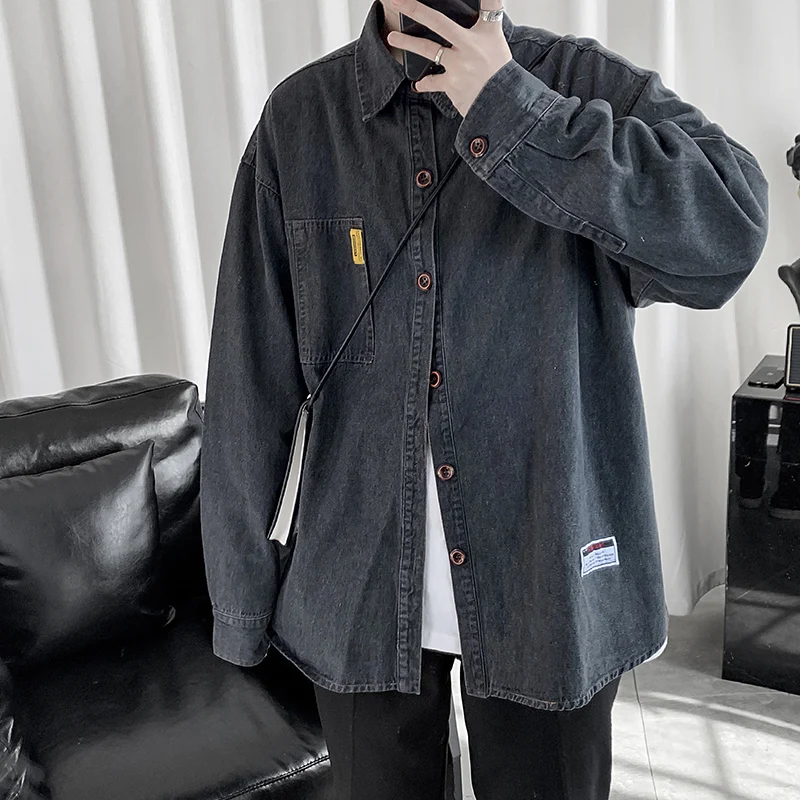 

Mens Long Sleeve Jeans Shirts for 2021 Fashion Trends Plus Size Clothing Teens Blue Denim Button Up Blouses Oversized Streetwear