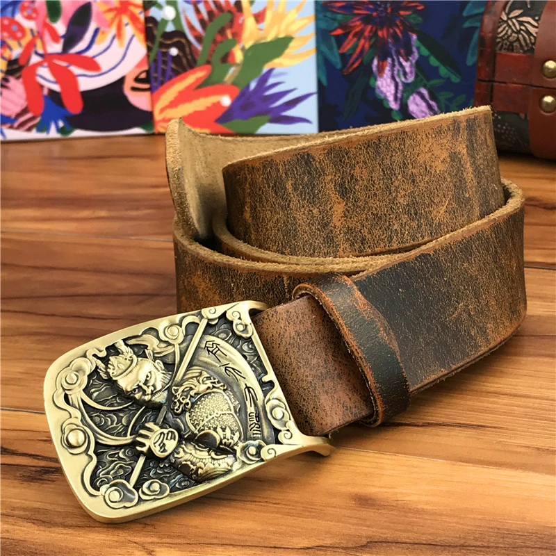 Solid Brass Monkey Belt Buckle Yellow Belt Leather Ceinture Men's Belt Cowboy Jeans Belt Male Strap Wide Belts For Men MBT0594