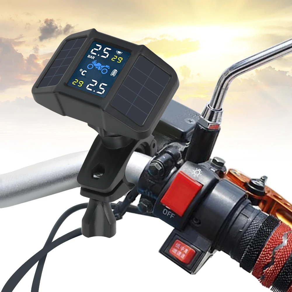 

USB Solar Charging Motor Tire Pressure Tyre Motorcycle TPMS With 2 External Sensors Temperature Monitoring Alarm System