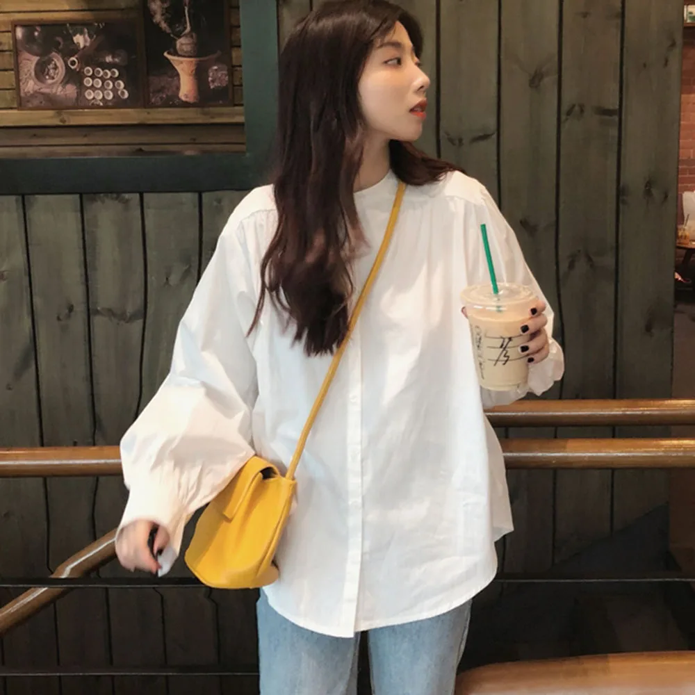 

Japanese Korean Version Blouse 2021 Spring Summer Fashion Loose Simple Casual Solid Color Single-breasted Long Sleeve