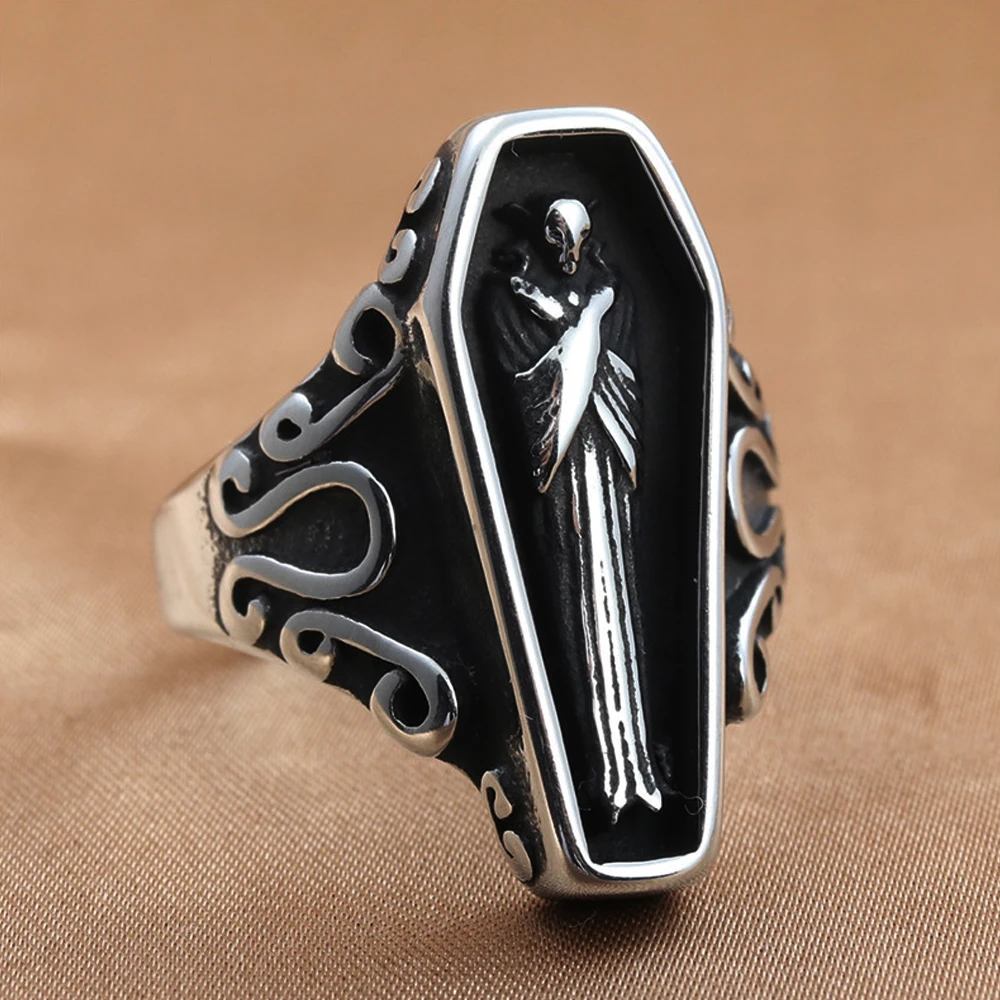 Gothic Retro Coffin Vampire Skull Ring For Men Punk Street Black Stainless Steel Coffin Ring Biker Jewelry Gift Wholesale