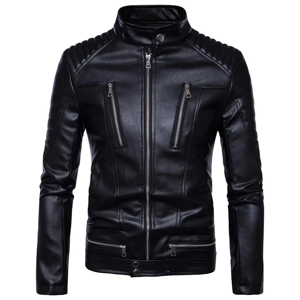

Idopy Autumn Men's Faux Leather Jackets Coats Men Stand Collar Zippers PU Leather Multi Zippers Motorcycle Biker Leather Coat