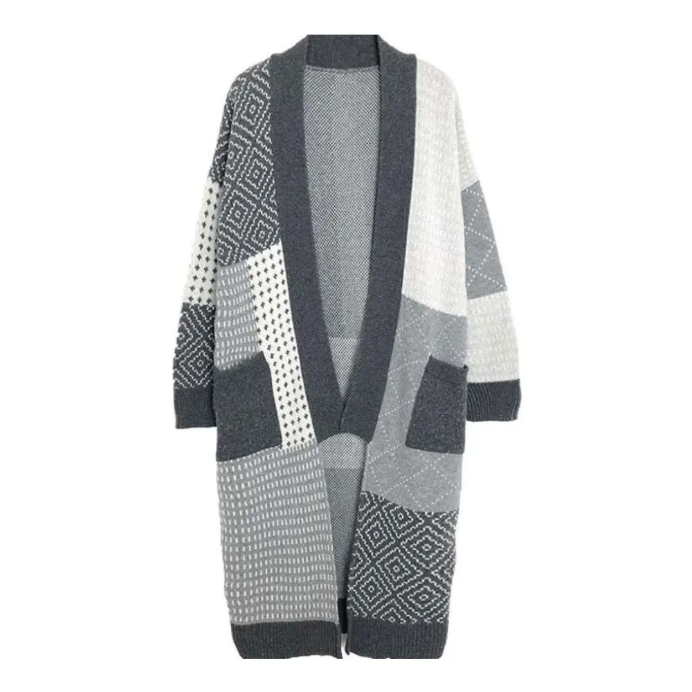 

ZOTTSOZ Knitted Cardigan Casual Harajuku Korean Color Patchwork Mid Length Sweater Coats Women 2021 Loose Knitwear Outerwear