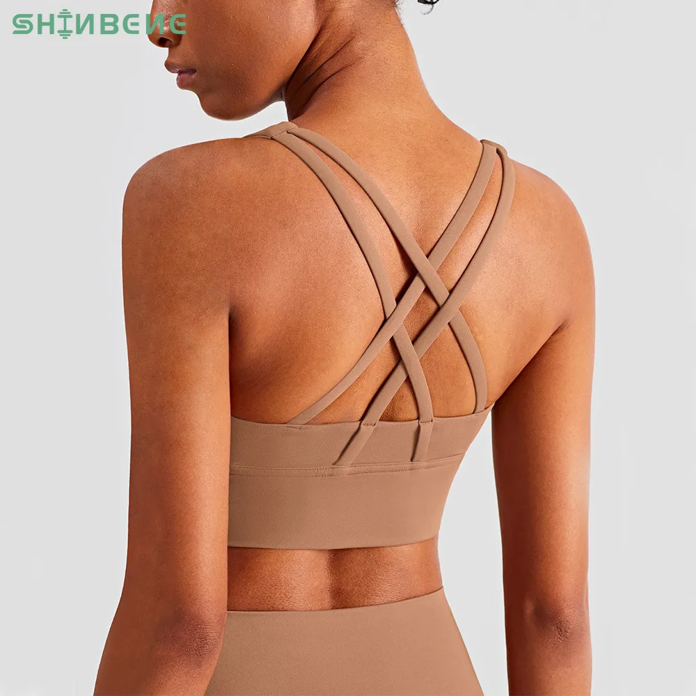 

SHINBENE CLASSIC Cross Strap Wokrout Sports Bras Top Women Padded Mid Support Naked Feel Fitness Yoga Bras Athletic Brassiere