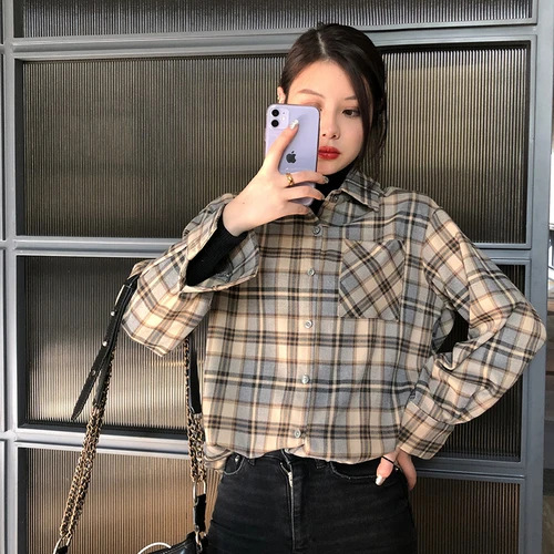 Блузка женская клетчатая с длинным рукавом и отложным воротником Ka391 | Женская