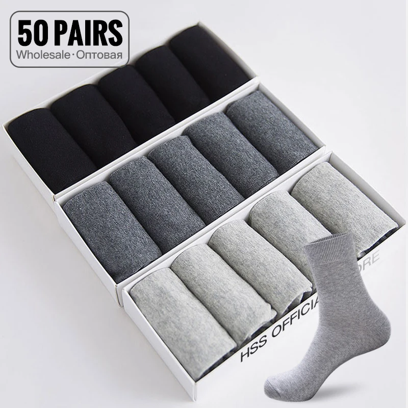 HSS Wholesale 50Pairs Men's Cotton Socks Black Business Men Socks Soft Breathable Summer Winter for Male Sock Plus Size (6.5-14)