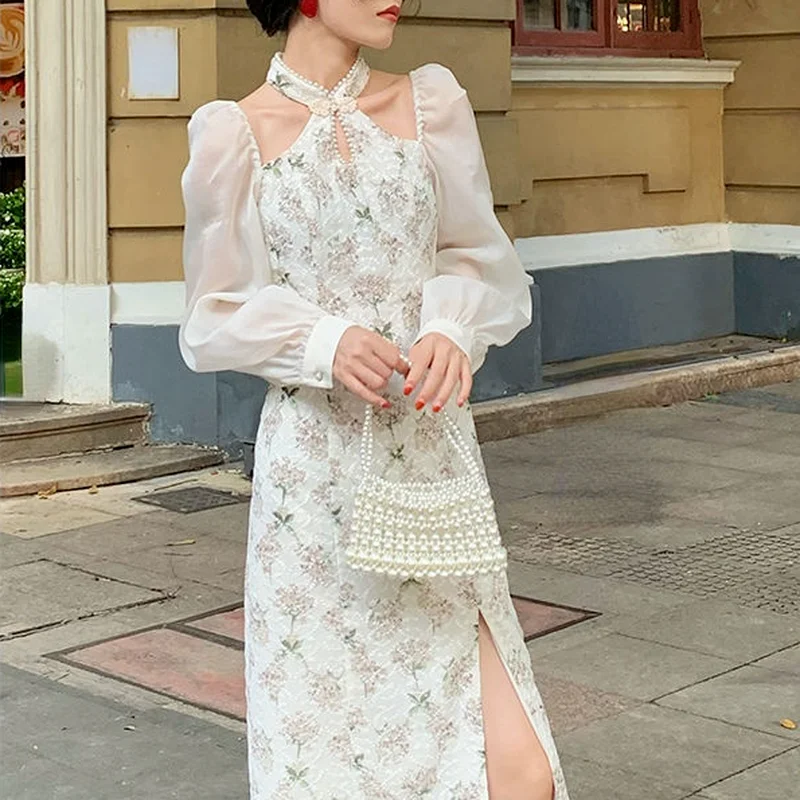 

Зимняя женская одежда, шифоновое элегантное вечернее платье миди составного кроя, женское цельное платье с разрезом в стиле ретро, 2022