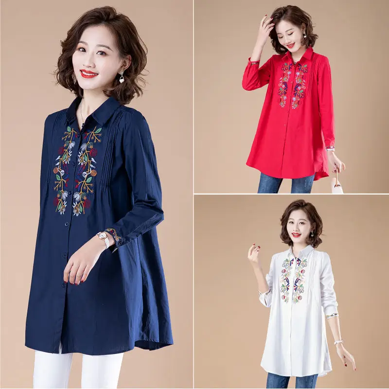 

2021 New Spring Autumn Women Classic Cotton Vintage Embroidery Blouse Female Plus Size Loose Bohemian Simple Style Shirts Q64