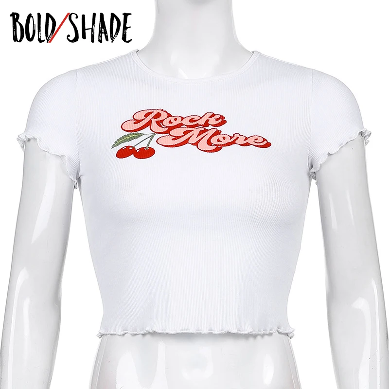 

Bold Shade 90s Aesthetic y2k T Shirt Letter Cherry Print Short Sleeve Slim Ribbed Preppy Style T-shirts Women Soft Girl Outfits