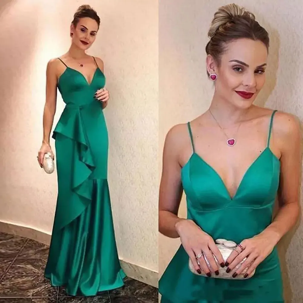 

Green Spaghetti strap Party Gowns Mermaid / Trumpet V-Neck Party Dresses Sweep/Brush Sleeveless Floor length Contoured dresses