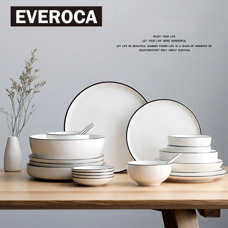 Simple European Style Ceramic Dinnerware Set of 2 4 8 Black Stripe China Bone Bowl Plate | Дом и сад
