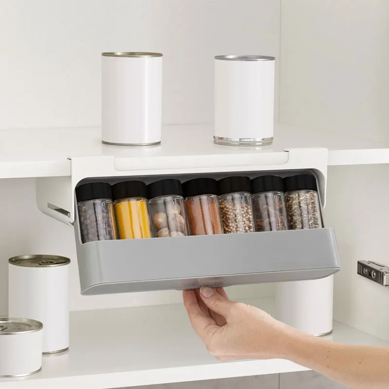 kitchen spice organizer storage box with compartments self adhesive wall mounted drawer spice rack with jars wall shelf cabinet free global shipping