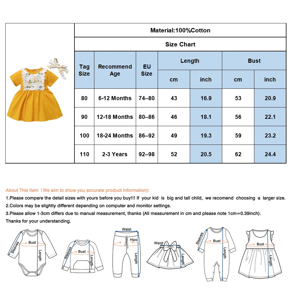 

Toddler Infant Baby Girls Dress Ruffled Lace Flowers Patchwork Casual Summer Short Sleeve Dress Headband 2Pcs Button Dress D30