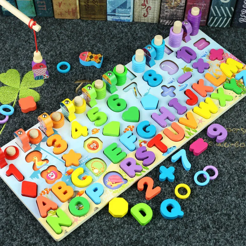 

Обучающие деревянные игрушки Монтессори, Детская математическая доска для рыбалки, подсчет геометрических чисел, Цифровая форма, подарок д...