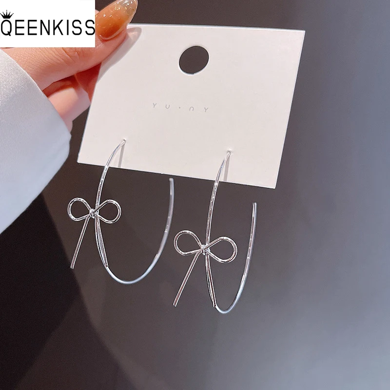 

QEENKISS EG7440 Fine Jewelry Wholesale Woman Birthday Wedding Gift Plain Circle Bowknot 925 Sterling Silver Needle Hoop Earrings