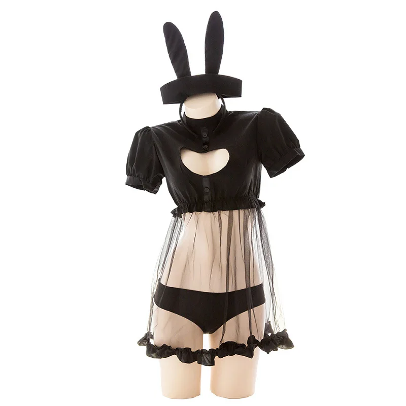 Kawaii Bunny Girl Heart Hollow Out Perspective Sexy Women Cosplay Cute Nurse's Uniform Set Whith Tail Lingerie Suit Black+white |