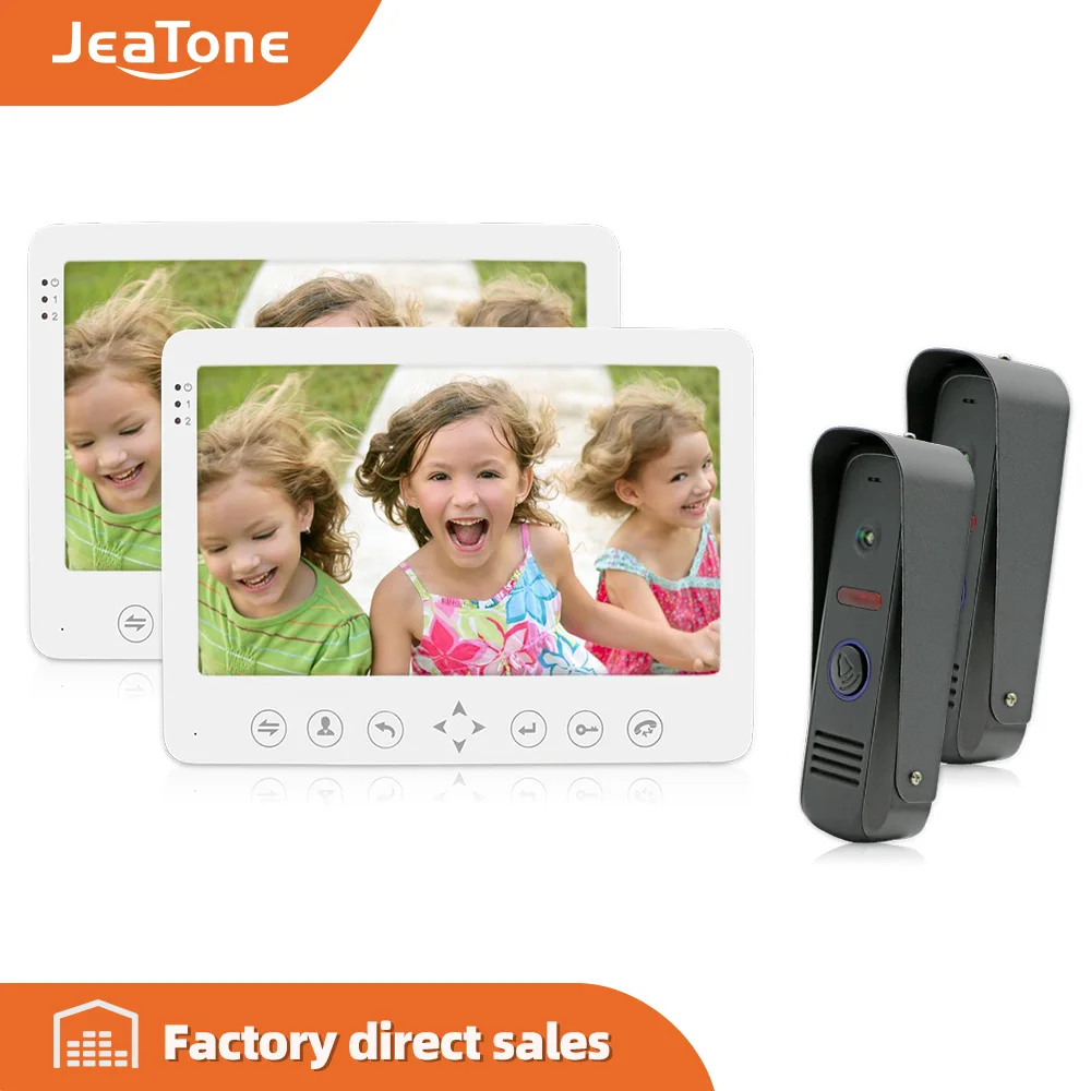 

Видеодомофон JeaTone, проводной, 7 дюймов, цветной, домофон, система дверного звонка, ИК-камера, домофон, 2 монитора, 2 камеры для улицы