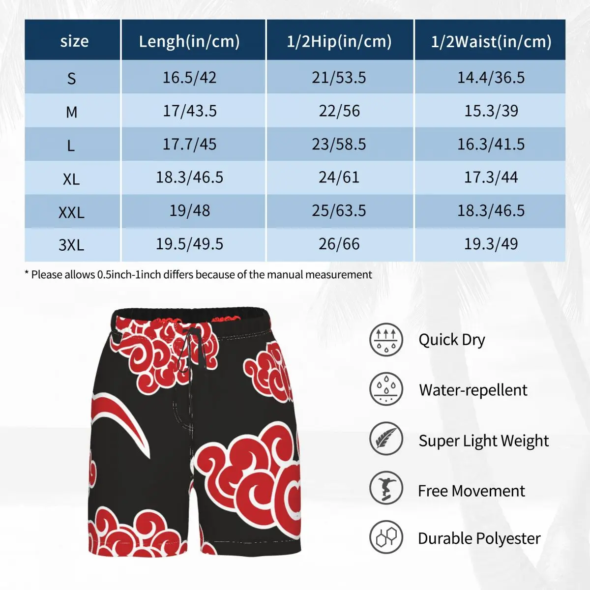 

Men's Causal Anime Japanese Wind Clouds Red And Black Akatsuki Patter Breathable Quick Dry Novelty Uchiha Loose Male Shorts