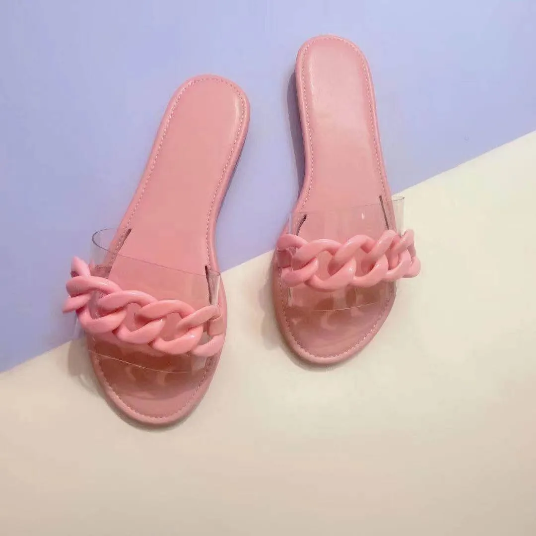

comemore 2021 Summer Fashion New Style Beach Slipper Roman Style Transparent Chain Flat Outdoor Female Slippers Plus Size 43