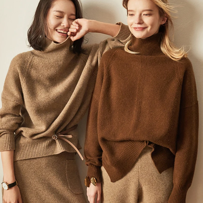 2019Cashmere sweater female high collar pullover loose large size women's short side split fork sweater simple bottoming sweater