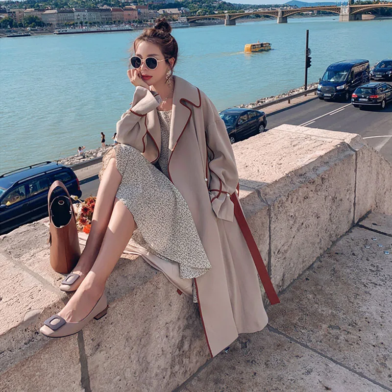 

2020 Spring Autumn College Style Windbreaker Outerwear Women's Casual Solid Color Korean Clothes Lace Up Long Trench Coat Z348