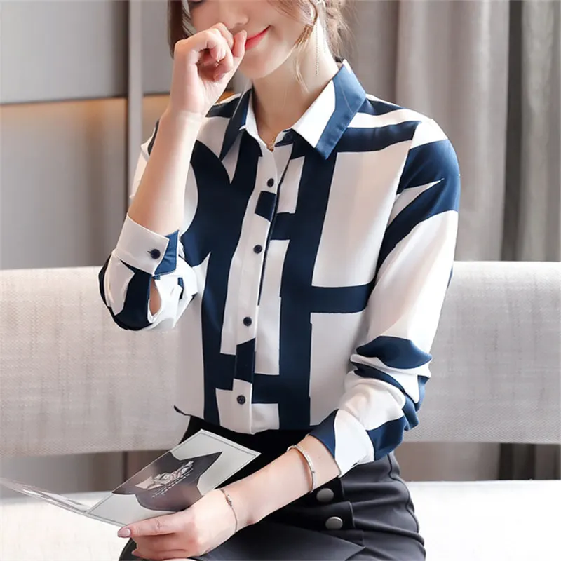 

2020 Autumn Fashion Women Tops And Blouses Long Sleeve Plain Patchwork Print Chiffon Shirts Office Lady Polo Neck Clothes Blusas