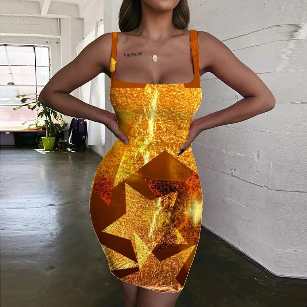 

Giyu Brand Graphics Dress Women Star 3d Print Gold Halter Sleeveless Sequins Ladies Dresses Womens Clothing Mini Evening Vintage