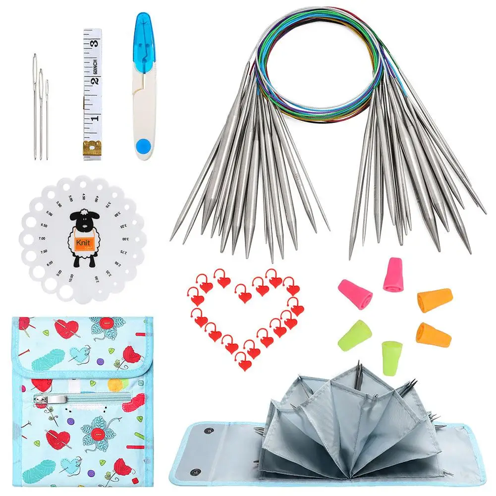 

43Pcs Stainless Steel Circular Knitting Needles Set 14 Sizes Tube Circular Colorful Crochet Needle Love Mark Buckle Weaving Tool