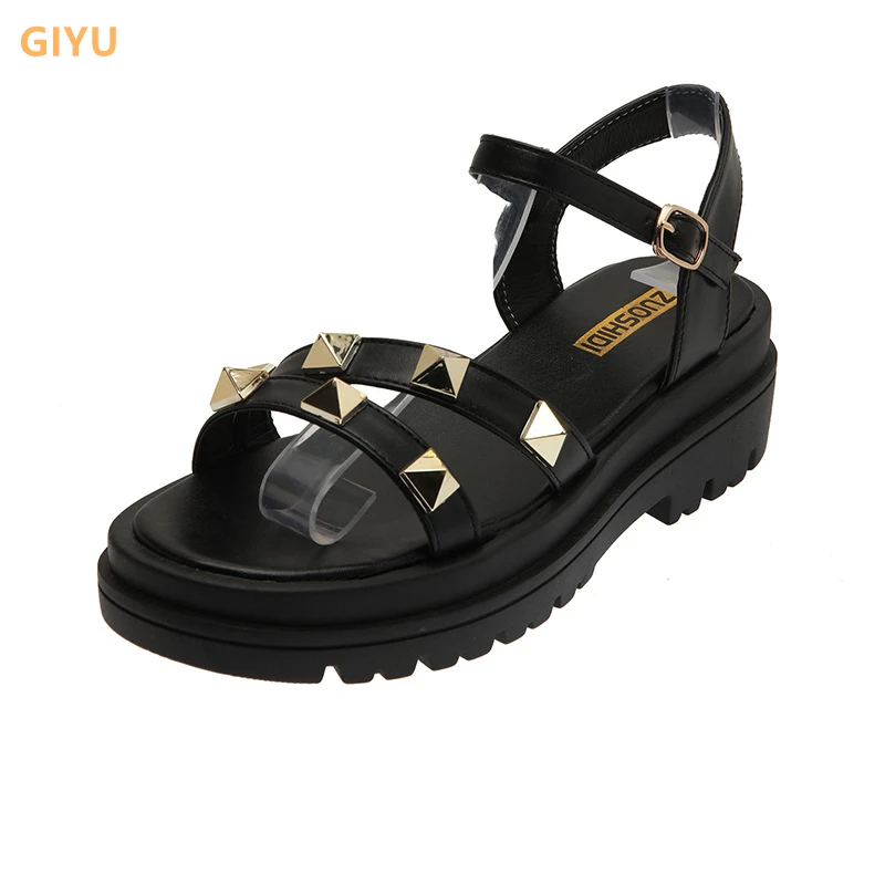 

GIYU Muffin Platform Sandals Women 2021 Summer New Rivet Flat Student Roman Shoes Ladies Black Beige 35-40 Casual Sandals