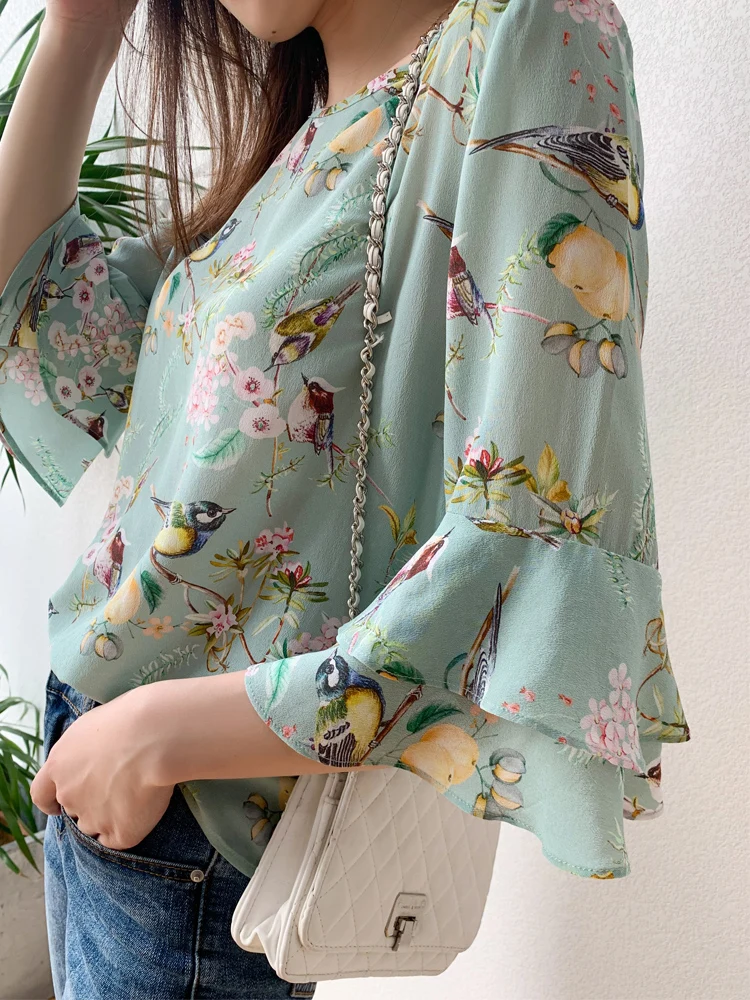 Женская блузка свободного покроя из 100% шелка с круглым вырезом и длинными