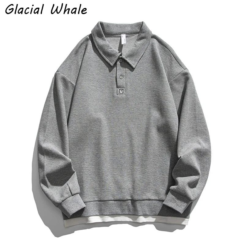 Glagalwhale-Sudadera con cuello tipo Polo para hombre, ropa de calle japonesa de gran tamaño, color gris, sólido, a la moda, 2021