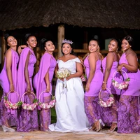 lavender mermaid appliques lace bridesmaid dresses long spaghetti straps streamer sheer skirt bridal party dress wedding gown