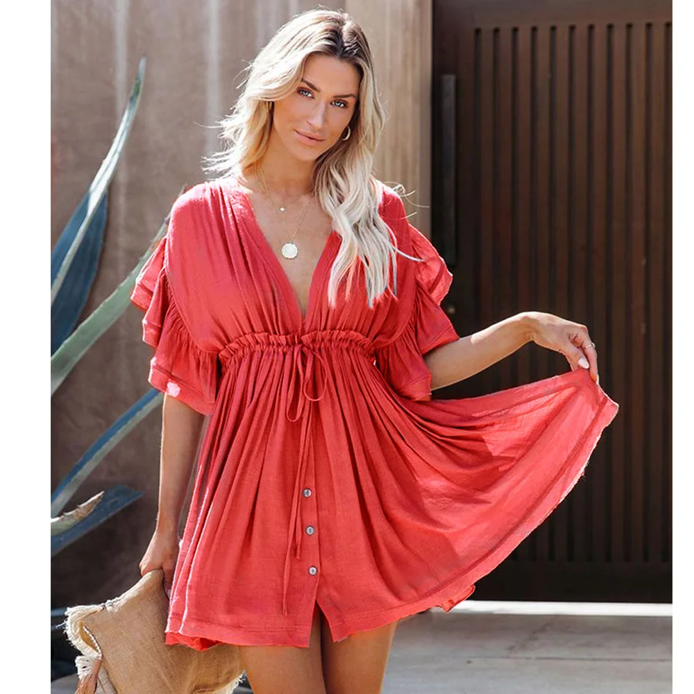 

2021 Bikini Cover-ups White Tunic Sexy V-neck Butterfly Sleeve Summer Beach Wear Mini Dress Plus Size Women Swimsuit Cover Up D0