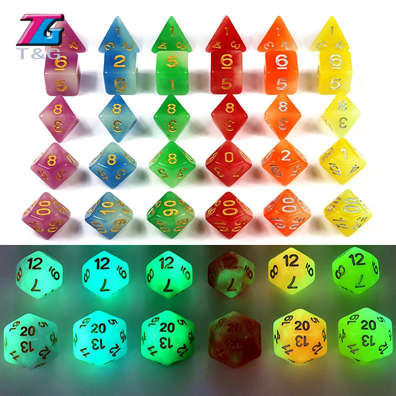 Микс-цвет 7 шт./лот светится в темноте RPG кости для DnD D4 d6 d8 d10 % d12 d20 фиолетовый синий