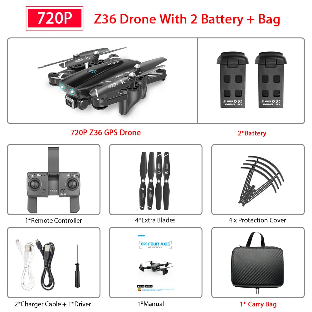 ZWN Z36 gps Квадрокоптер с 720 P/1080 P/4 K HD камерой Rc вертолет gps с фиксированной точкой wifi FPV Дрон следуй за мной режим vs SG900-S E520S - Цвет: 720P 2B Carry Bag