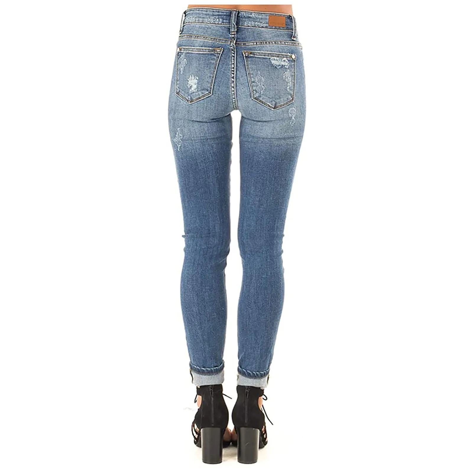 

Plus Size Light Blue Ripped Jeans for Women Street Style Sexy Mid Rise Distressed Trouser Stretch Skinny Hole Denim Pencil Pants