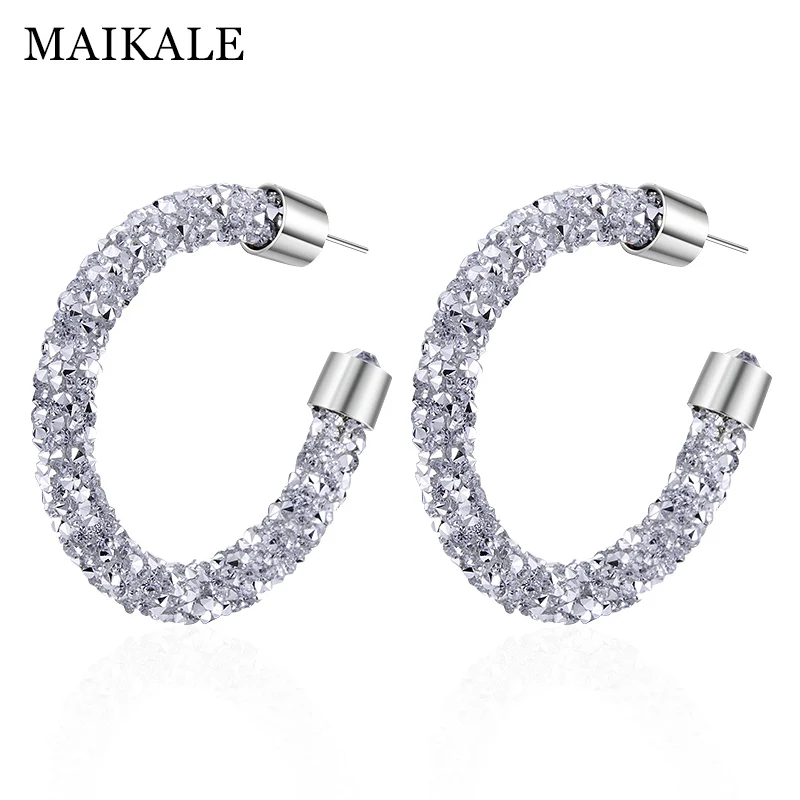 

MAIKALE Large C Shape Hoop Earrings for Girls Austrian Crystal Fashion Jewelry Shiny Rhineston Round Earrings For Women