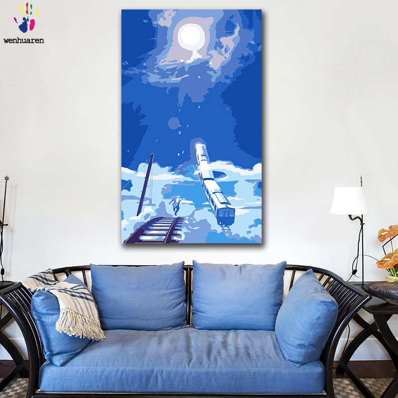 DIY картинки для раскраски по номерам с голубым вылетом поезд пейзаж живопись