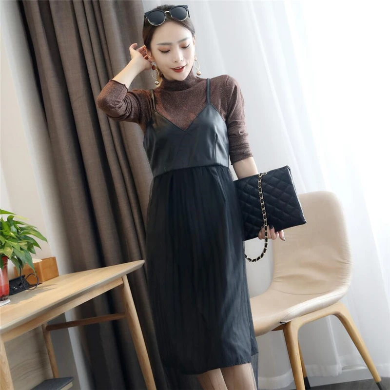 Платье из натуральной кожи Гламурное с v-образным вырезом сетчатый подол