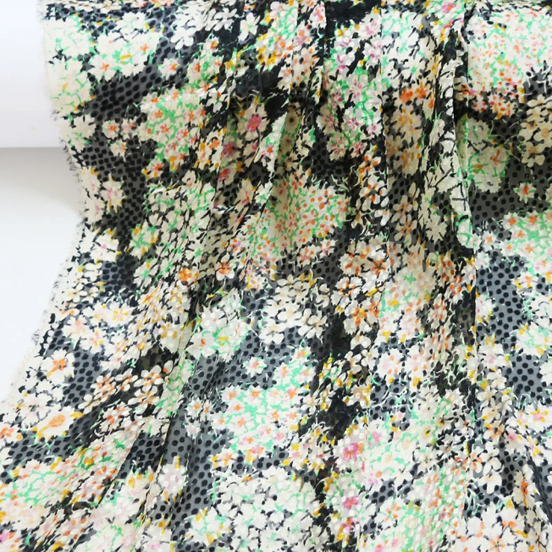 Жаккардовый черный Шелковый жоржетт этнический цветочный материал 100 см * 135 | Дом