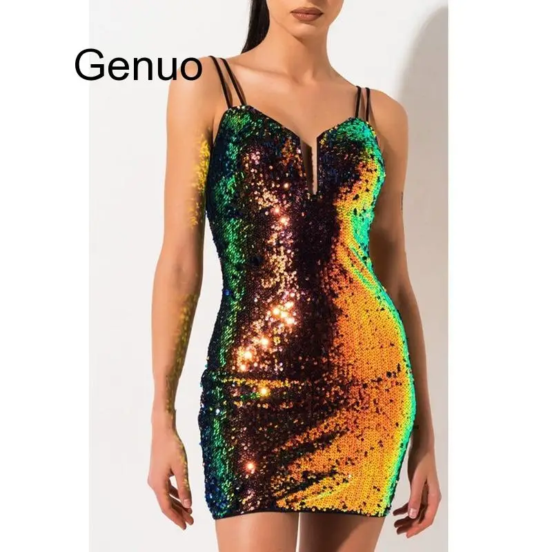 

New Chic Glitter Party Mini Dress Sexy Sling Backless Sequin Dresses Charming Clubwear Summer Party Dress Plus Size