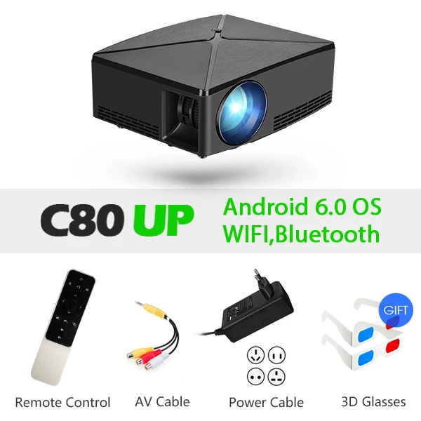 C80UP AUN Proyector C80 UP, разрешение 1280x720, 2200 люмен с Android wifi HD мультимедийный проектор для домашнего кинотеатра, дополнительный мини-проектор C80 - Цвет: C80UP