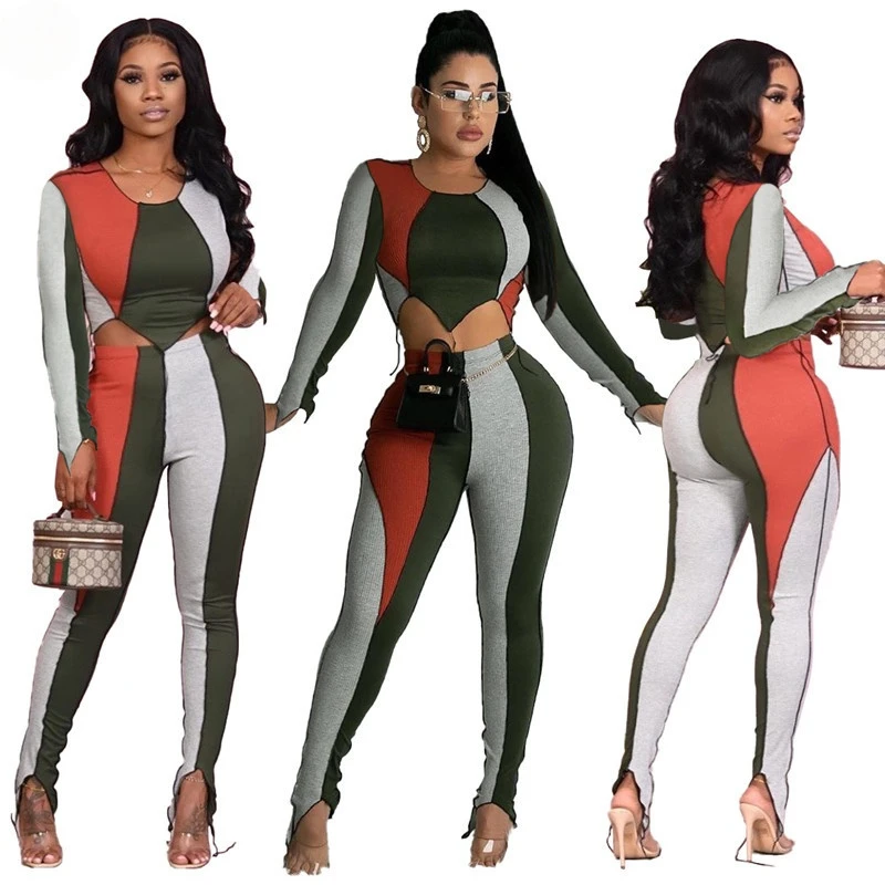 

Tracksuits Women 2021 Two Piece Outfits Patchwork Solid Crop Top Pants Leggings Sweatsuits Matching Sets Wholesale Dropshipping