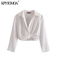 kpytomoa women 2021 fashion pleated cropped blouses vintage three quarter sleeve back elastic hem female shirts chic tops