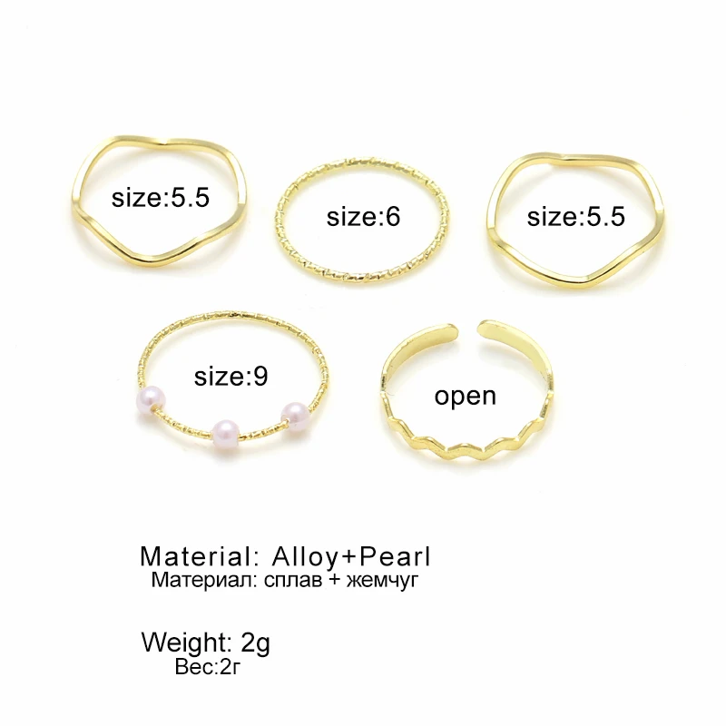 

5 pcs/set Fashion Imitation Pearl Rings for Women Gold Color Round Wave Geometric Rings Set Wedding Party Jewelry New