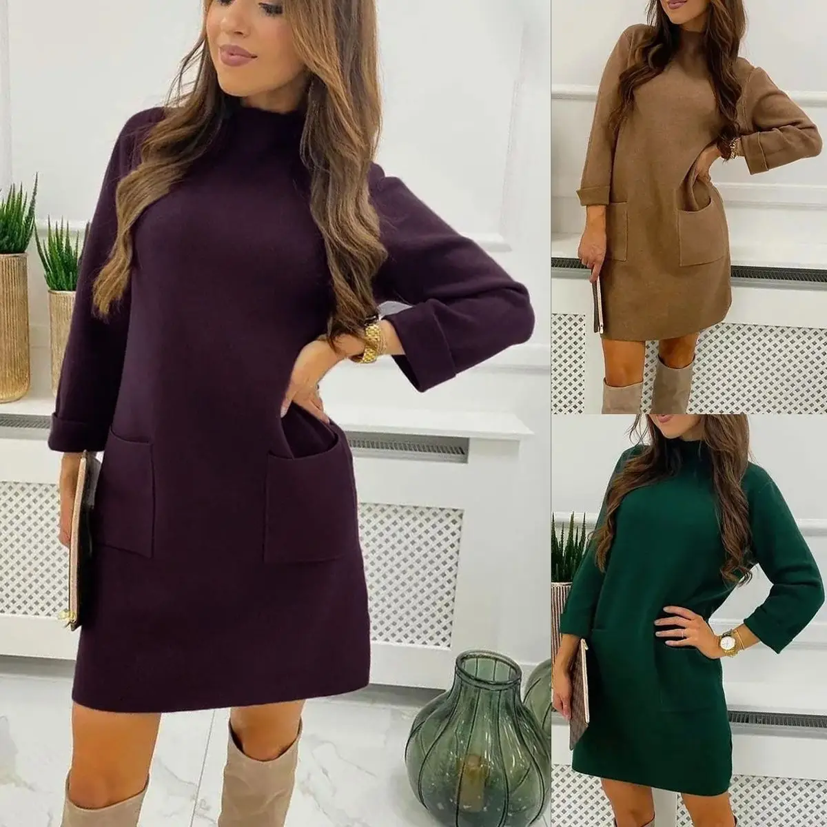 

Women Dress 2021 Autumn Winter Leisure Pocket Round Neck Velvet Long Sleeve Dress Fashion Solid Color Dress Vestido Feminino