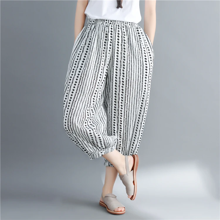 

Fat Girl plus Size plus Size Women's Pants Summer Loose Striped Cotton and Linen Bloomers Artistic All-Match Cropped Pants