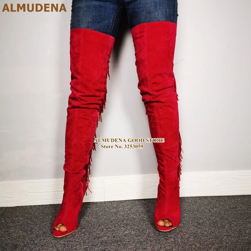 ALMUDENA/Лидирующий бренд, европейский стиль, коричневые замшевые сапоги выше колена с бахромой высокие сапоги до бедра на массивном каблуке с бахромой пикантная обувь гладиаторы