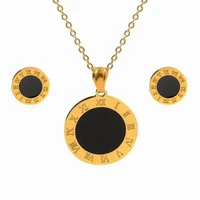stainless steel black round roman letter pendant necklace earrings jewelry set luxury brand jewellery gift