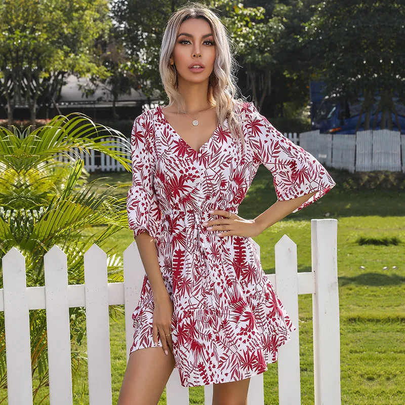 

V-neck Printed Flared Sleeve Women's Dress Casual Fashion Hedging Five-point Sleeve Loose Waist Commuter Summer A-line Skirt